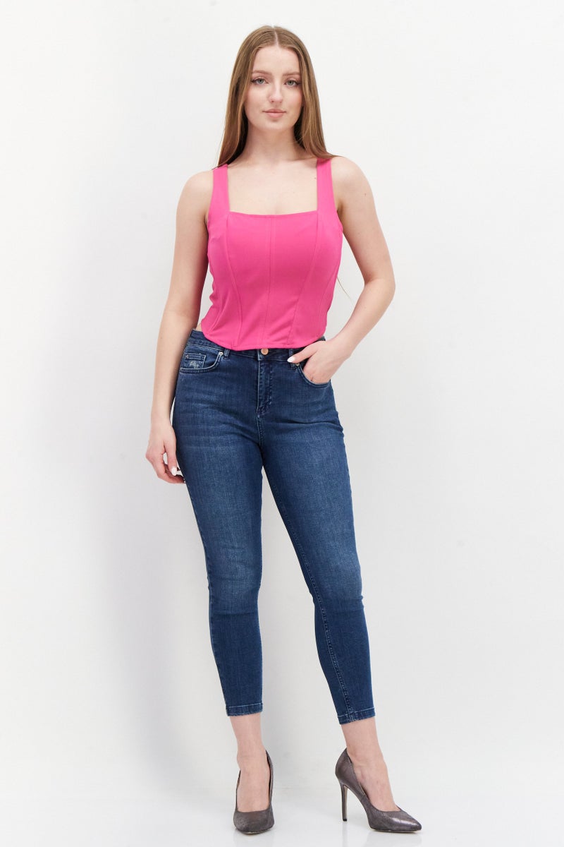 royalty Women Square Neck Sleeveless Plain Crop Tops, Pink - Image 2