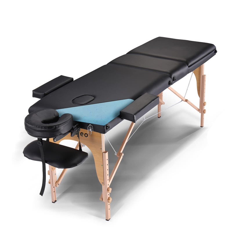 Masajeo Portable Massage Table Massage Bed Professional SPA Reiki Eyelash Salon Bed Wooden Frame Height Adjustment  Accessories Black 3Section