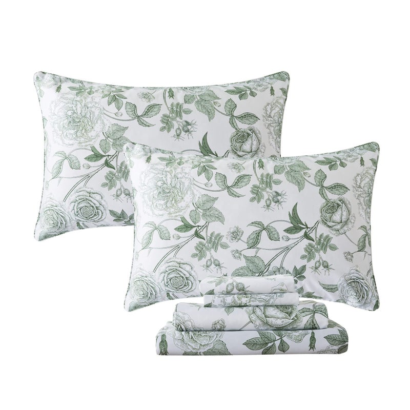 FADFAY Sheets Set Queen Vintage White and Green Floral Bedding Elegant Peony Sheets Set Shabby Rose Farmhouse Bedding 100 Egyptian Cotton 800 Thread Count Deep Pocket Fitted Sheet 4Pcs Queen Size