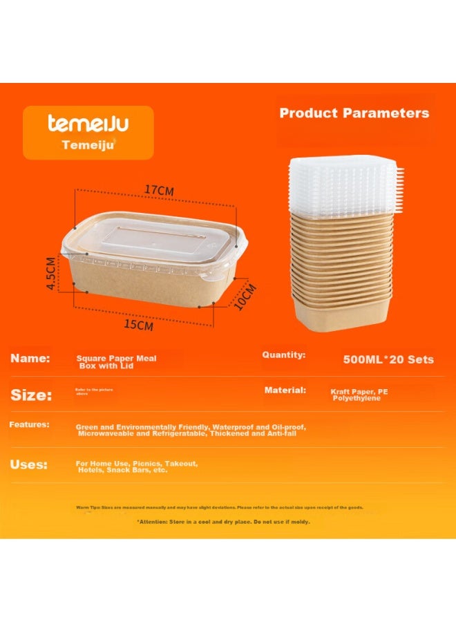 Temeiju Disposable Food Containers, Kraft Paper, Thickened, Biodegradable, With Lids, Takeout Boxes, Picnic Boxes, Camping Utensils, 20 Sets, 500 Model - Image 3