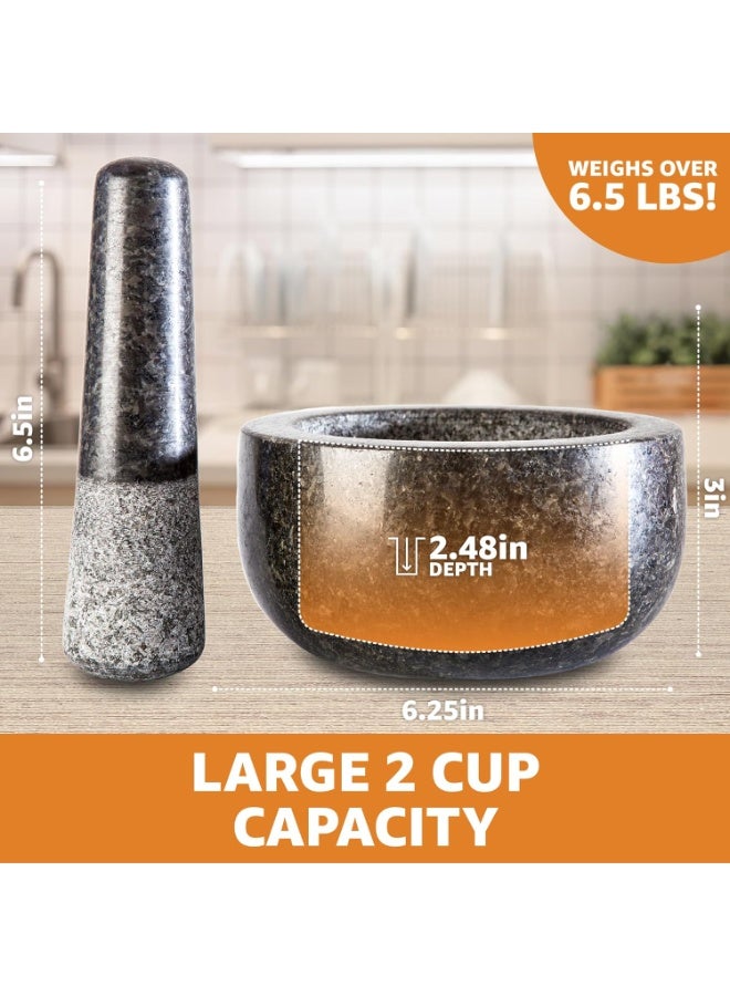Heavy Duty Large Mortar and Pestle Set,100% Granite, Non Slip Base, Make Fresh Guacamole, Salsa, Pesto, Stone Grinder Bowl, Herb Crusher, Spice Grinder, 2 Cup, 6.3 Inch Size - Image 3