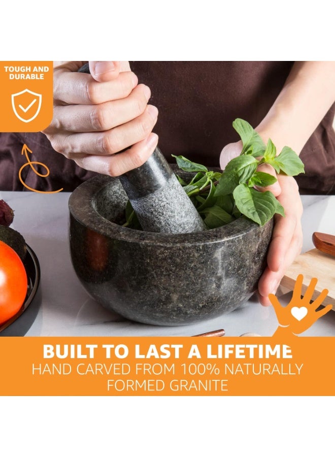 Heavy Duty Large Mortar and Pestle Set,100% Granite, Non Slip Base, Make Fresh Guacamole, Salsa, Pesto, Stone Grinder Bowl, Herb Crusher, Spice Grinder, 2 Cup, 6.3 Inch Size - Image 2