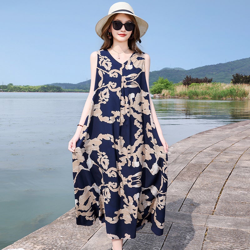 Plus Size Viscose Floral Sleeveless Dress, Loose Fit, Beach Vacation - Image 2