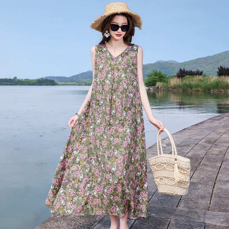 Plus Size Viscose Floral Sleeveless Dress, Loose Fit, Beach Vacation - Image 4