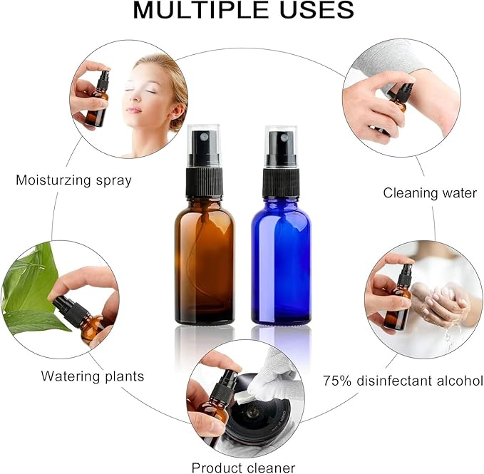 DONQL 6Pcs Glass Spray Bottles for Essential Oils Fine Mist Spray Bottle Glass Spray Bottle for Travel Liquid Water Cosmetic Atomizer Bottle Small Empty Spray Bottle 50ml Brown