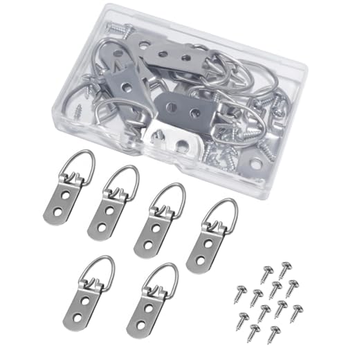 MAKABEE 30 Pcs D-Ring Steel Picture Hangers with 60 Pcs Screws，Heavy Duty Double Holes Picture Hooks for Hanging Clock Paintings , Mirror, Decoration, Paintings - Image 1