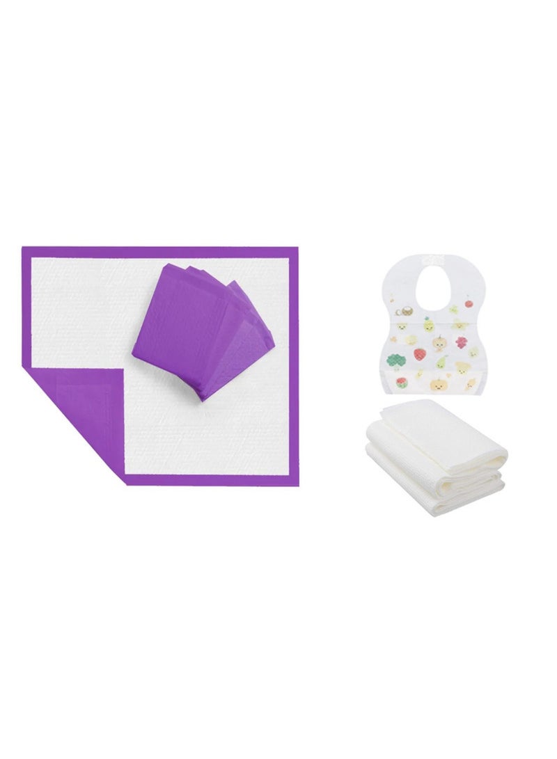 STAR BABiES Combo Pack Pack Disposable Changing Mat 20Pcs Disposable Towel 3Pcs Bibs 20Pcs-Lavender  - Image 1