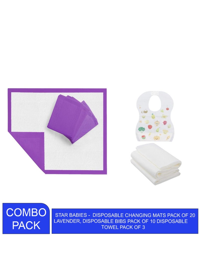 STAR BABiES Combo Pack Pack Disposable Changing Mat 20Pcs Disposable Towel 3Pcs Bibs 20Pcs-Lavender  - Image 2