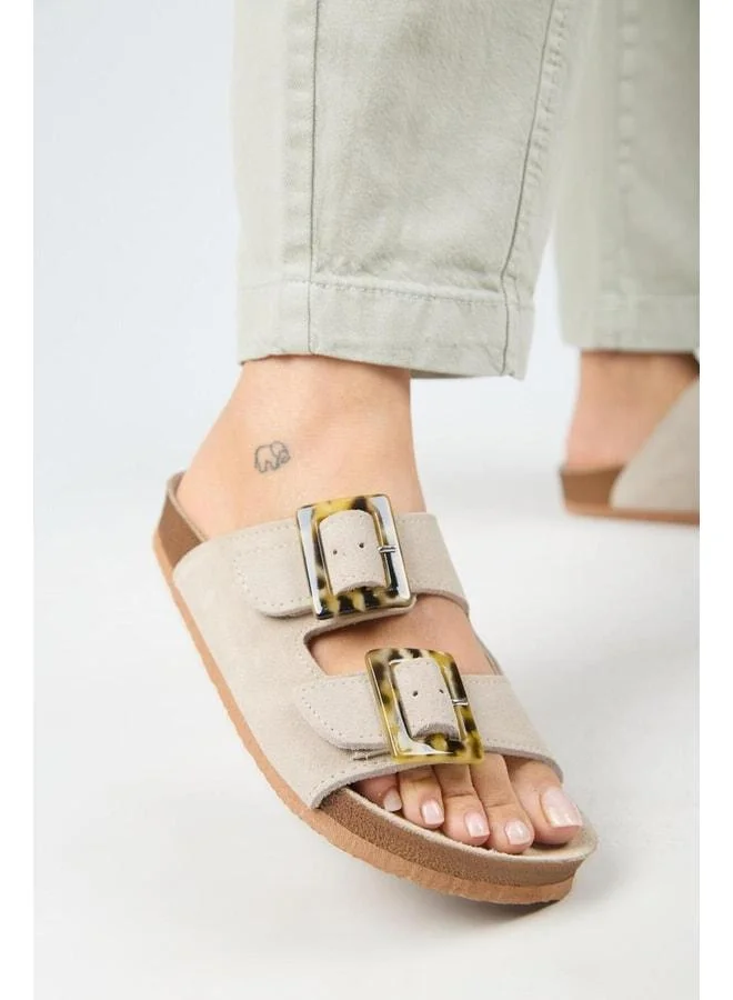 Alona Women's Genuine Leather Double Buckle Beige Slipper.