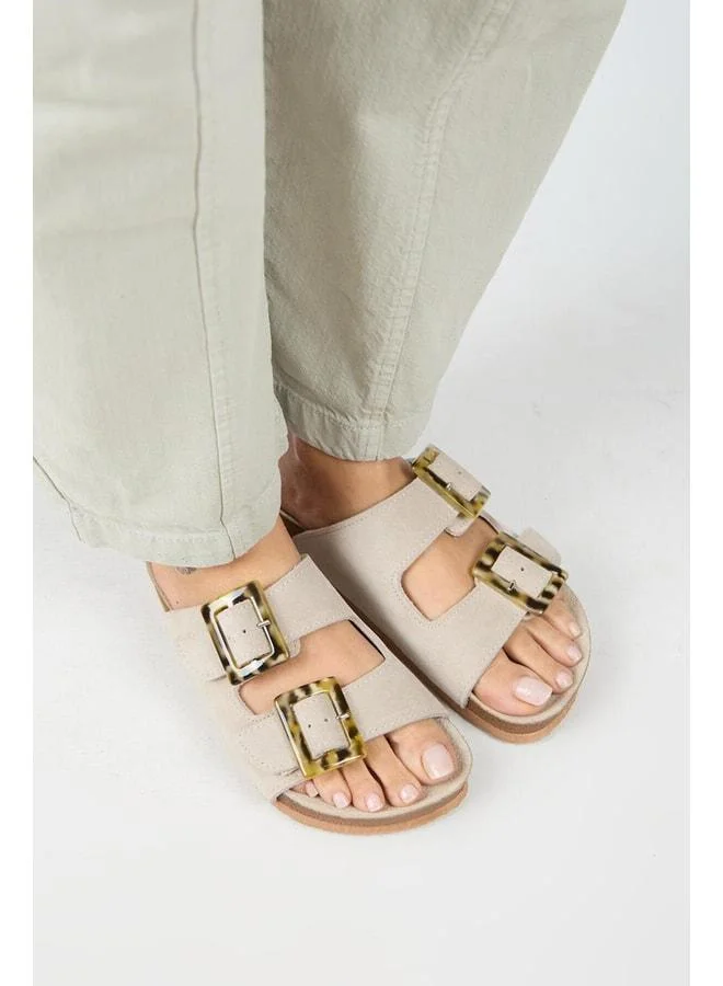 Manijero  Alona Women's Genuine Leather Double Buckle Beige Slipper. for Women | Best Price UAE