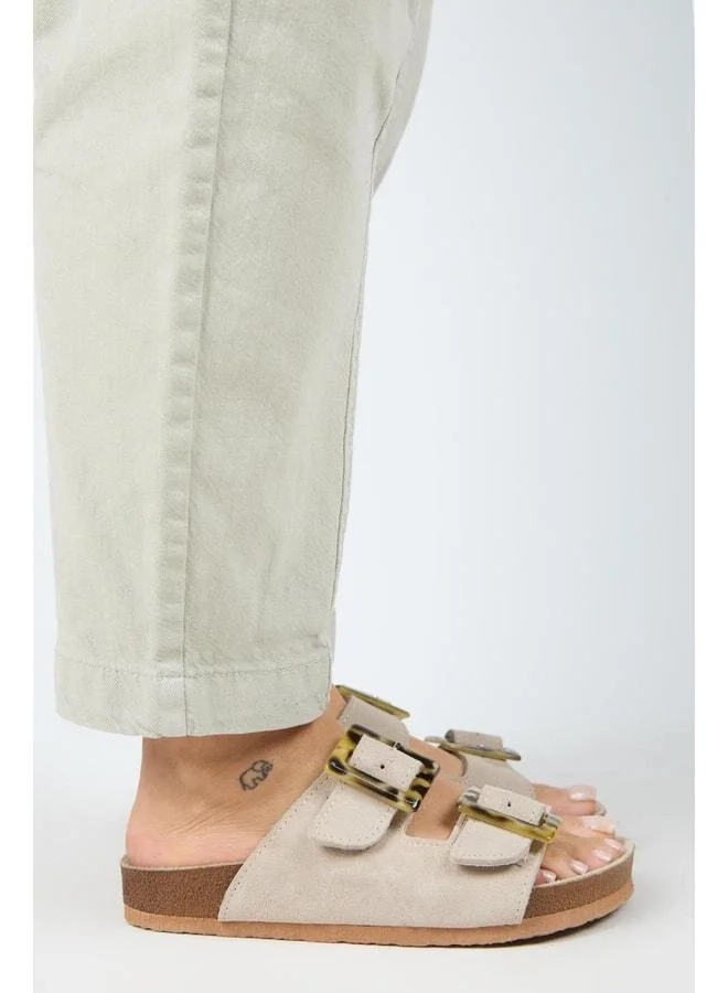 Manijero  Alona Women's Genuine Leather Double Buckle Beige Slipper. for Women | Best Price UAE