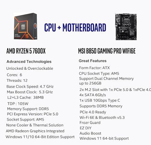 Micro Center مركز ميكرو AMD Ryzen 5 7600X معالج وحدة المعالجة المركزية مع لوحة أم MSI B850 Gaming PRO WIFI6E (ATX, AM5, DDR5, M.2 Gen5, Wi-Fi 6E) - Image 2