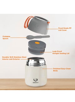 Gravit Insulated Food Jar Lunch Box 450ml - Stainless Steel Thermos with Folding Spoon, Keeps Food Hot/Cold, Leak-Proof, Ideal for Baby Food, School Lunches, Office Meals (Cream)  - Image 2