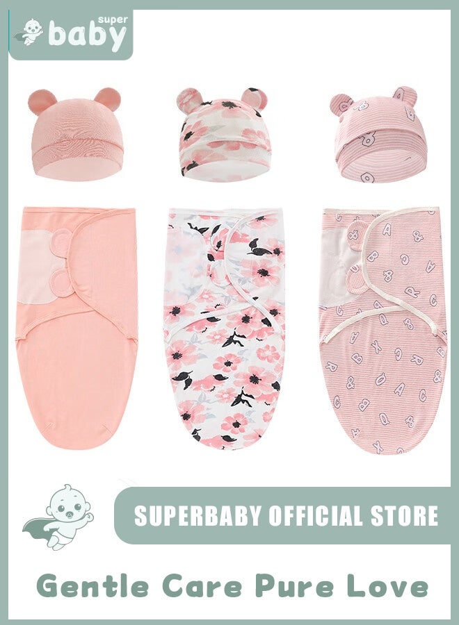 SuperBaby 6 PCS Baby Swaddle Blanket Wrap Cap Set Newborn Infant Sleep Sack With Caps 100% Breathable Cotton 0-4 Month - Image 1