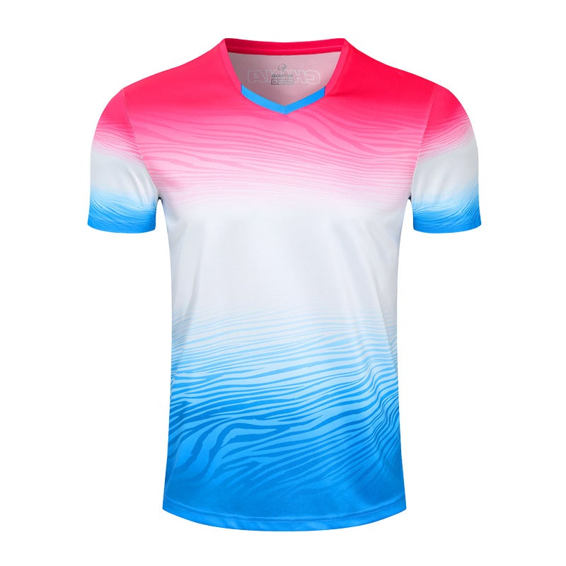Generic Quick-drying Breathable Badminton Suit Top Custom Printing Mens and Womens Childrens Table Tennis Sports Short-sleeved T-shirt in stock rose red/blue