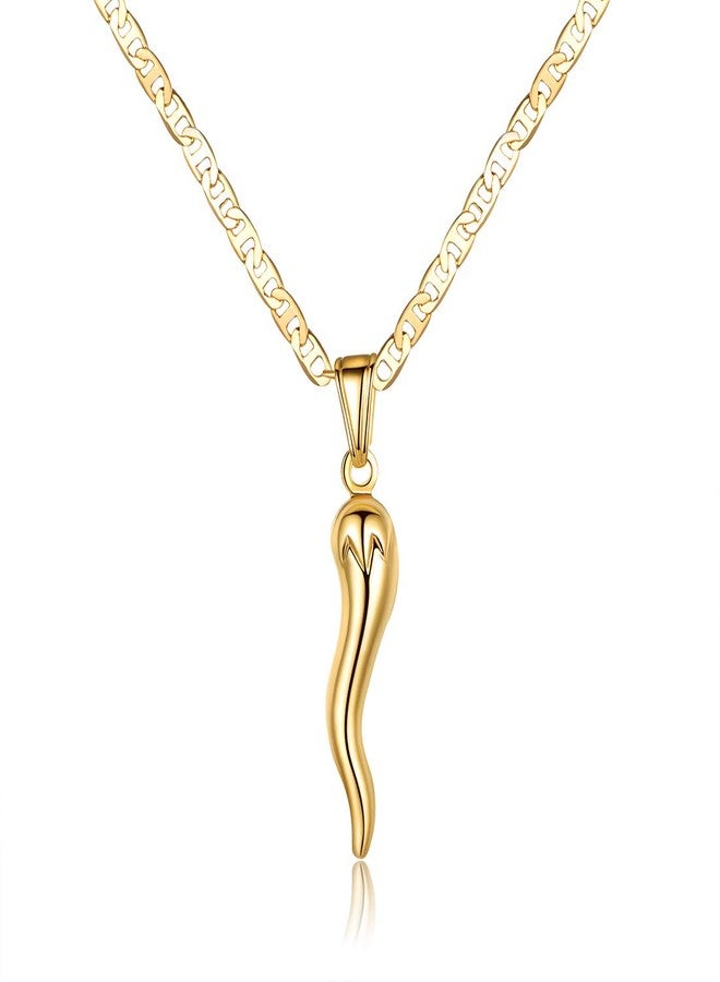 Barzel 18K Gold Plated Flat Marina Chain With Italian Horn Necklace Cornicello - Made In Brazil (18 Inches) - Image 1