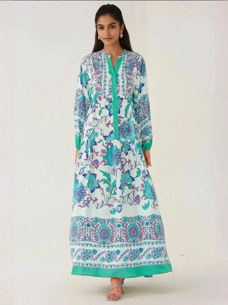 HICCUP Printed Long Sleeve Viscose Maxi Dress