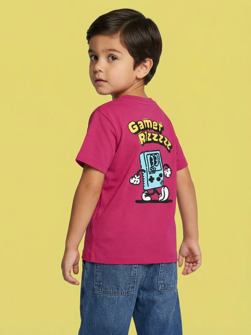 نوتيناتي Nautinati Boys' 100% Cotton Front & Back Gaming Puff Print Oversized Crew Neck T-shirt