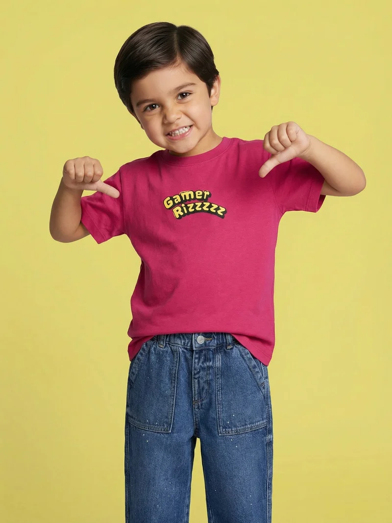نوتيناتي Nautinati Boys' 100% Cotton Front & Back Gaming Puff Print Oversized Crew Neck T-shirt
