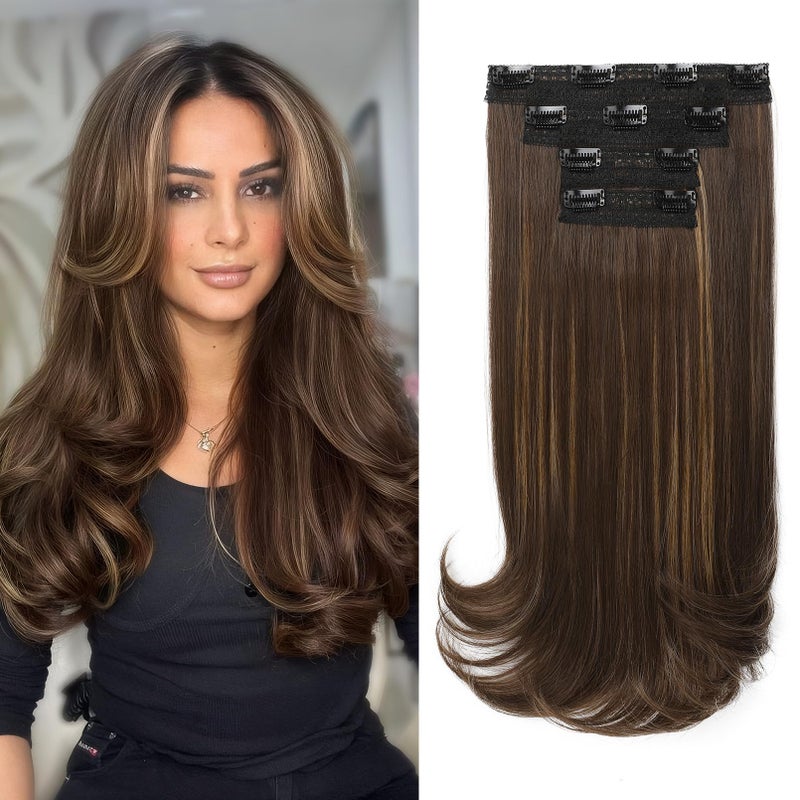 NTYNTY Clip in Hair Extensions 4PCS 16 Inch Clip in Extensions for Women Layered Cut Natural Lightweight Hairpieces with Thinner Softer Invisible Weft Dark Brown with Highlights