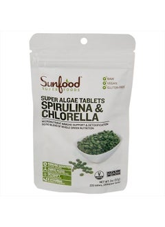 Sunfood Raw Spirulina Chlorella Tablets, 50/50 Blend, Chlorophyll Rich, Broken Cell Wall, Blue Green Algae Superfood, Vegan, Organic & Non GMO, 100% Pure, 2 oz Bag, 228 Tablets/Bag, 250 mg/Tablet