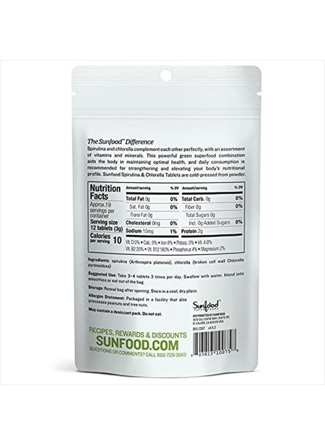 sunfood superfoods - Sunfood Raw Spirulina Chlorella Tablets, 50/50 Blend, Chlorophyll Rich, Broken Cell Wall, Blue Green Algae Superfood, Vegan, Organic & Non GMO, 100% Pure, 2 oz Bag, 228 Tablets/Bag, 250 mg/Tablet - Image 1