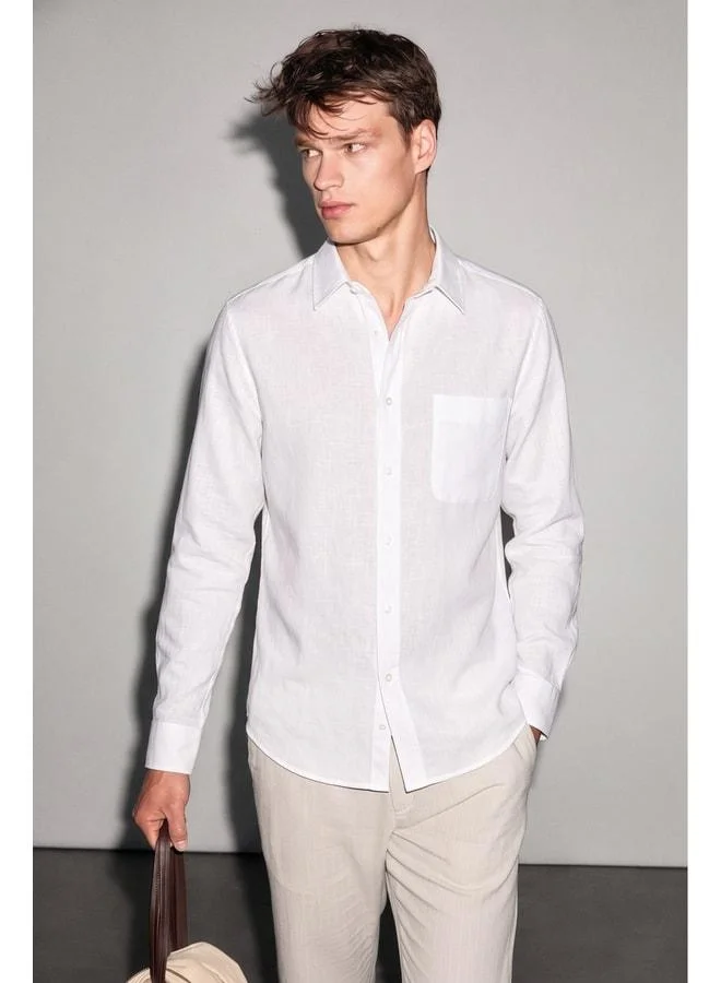 Grimelange ARLES Men's Linen Blend Long Sleeve Single Pocket Regular Fit White Shirt.