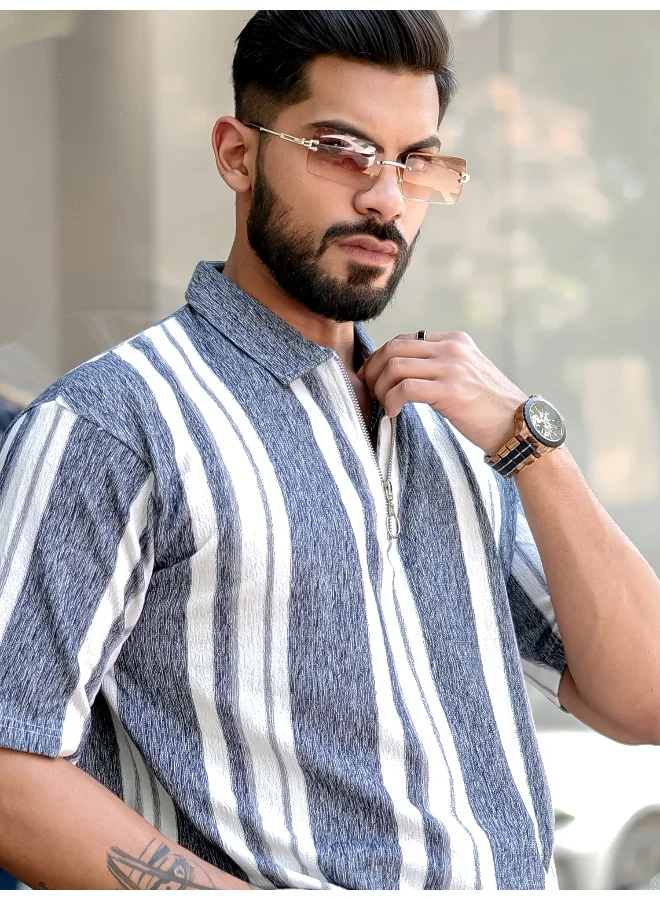 Maniac Maniac Mens Striped Polo Neck 3/4th Sleeve Black Half Zipper Cotton T-Shirt