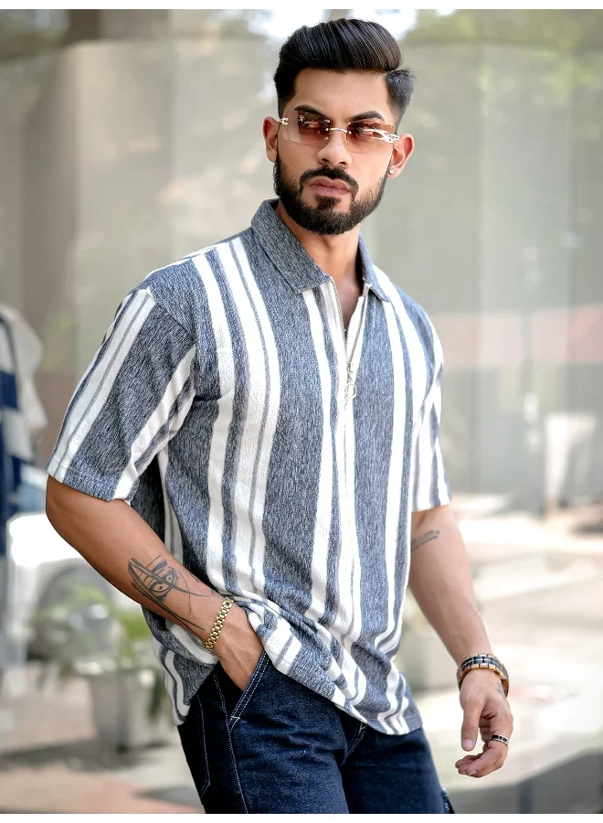 Maniac Maniac Mens Striped Polo Neck 3/4th Sleeve Black Half Zipper Cotton T-Shirt