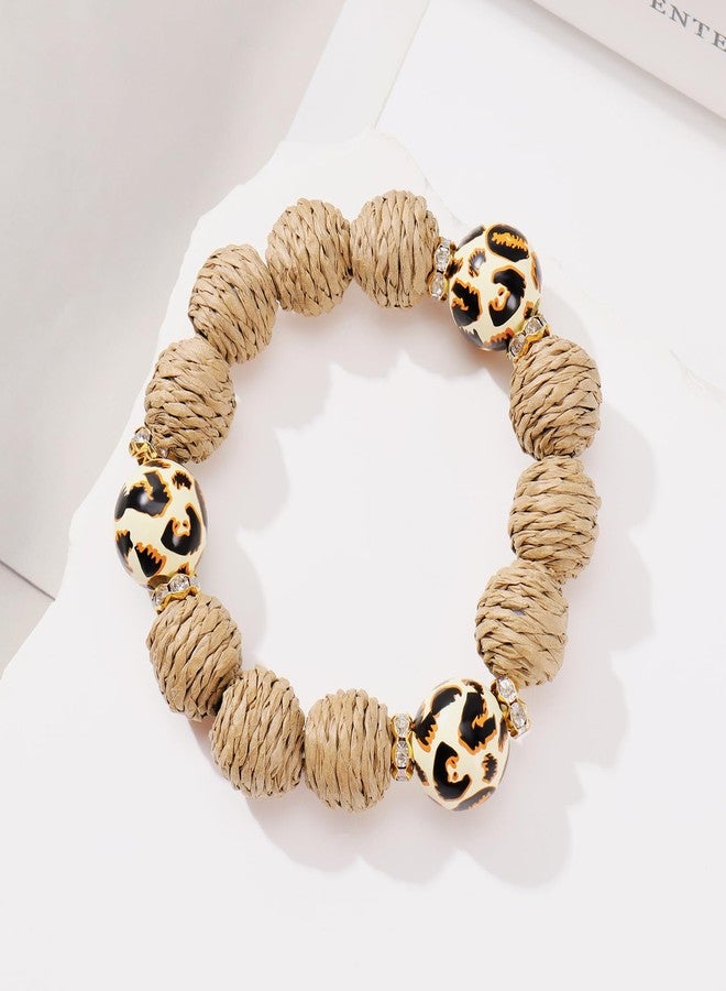 Coiris Rattan Ball Bracelet Adjustable Handmade Raffia Bracelets Woven Stretch Bracelet for Women(BR1229-Leopard Print) - Image 3