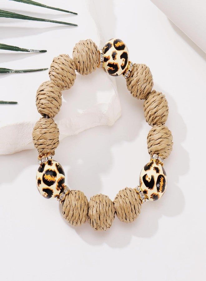 Coiris Rattan Ball Bracelet Adjustable Handmade Raffia Bracelets Woven Stretch Bracelet for Women(BR1229-Leopard Print) - Image 5