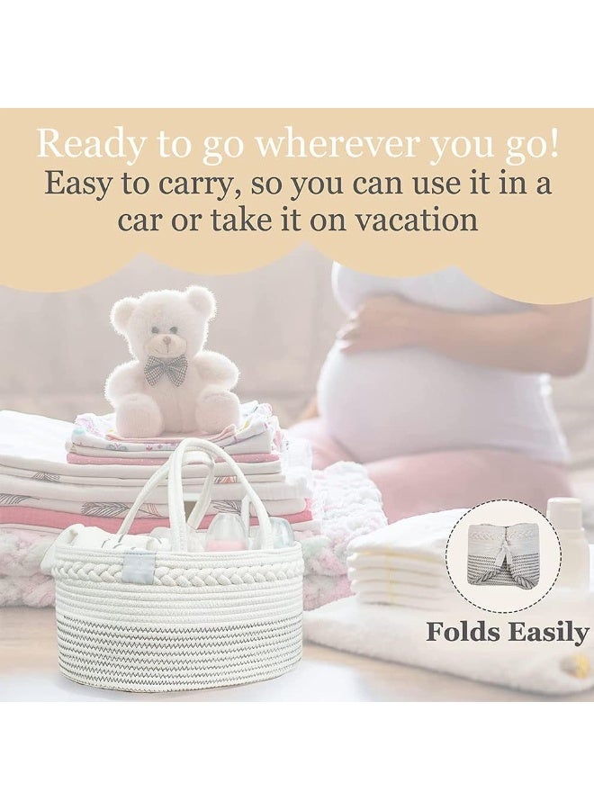 أجريون ​​منظم حاملة حفاضات الطفل، سلة تخزين الحضانة للأولاد والبنات، سلة تخزين حفاضات من حبل القطن، حقيبة كبيرة وسرة سيارة مع إدراجات قابلة للإزالة، حاوية تخزين الحضانة، 100% قطن أبيض - Image 4