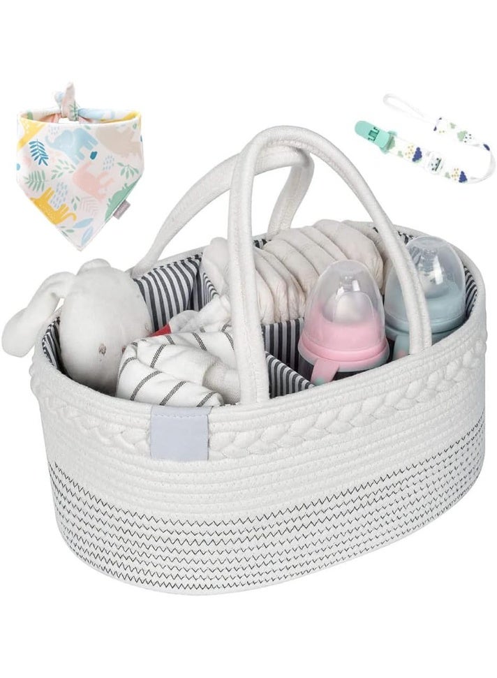 أجريون ​​منظم حاملة حفاضات الطفل، سلة تخزين الحضانة للأولاد والبنات، سلة تخزين حفاضات من حبل القطن، حقيبة كبيرة وسرة سيارة مع إدراجات قابلة للإزالة، حاوية تخزين الحضانة، 100% قطن أبيض - Image 1