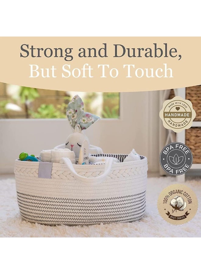 أجريون ​​منظم حاملة حفاضات الطفل، سلة تخزين الحضانة للأولاد والبنات، سلة تخزين حفاضات من حبل القطن، حقيبة كبيرة وسرة سيارة مع إدراجات قابلة للإزالة، حاوية تخزين الحضانة، 100% قطن أبيض - Image 3