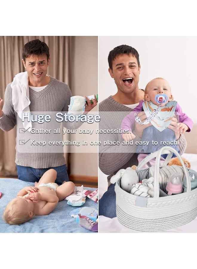 أجريون ​​منظم حاملة حفاضات الطفل، سلة تخزين الحضانة للأولاد والبنات، سلة تخزين حفاضات من حبل القطن، حقيبة كبيرة وسرة سيارة مع إدراجات قابلة للإزالة، حاوية تخزين الحضانة، 100% قطن أبيض - Image 5