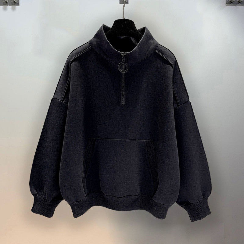 Half zipper black sweater mens spring and autumn stand collar American retro coat fashionable style fried Street Mens autumn and winter pullover top -Black  - Image 1