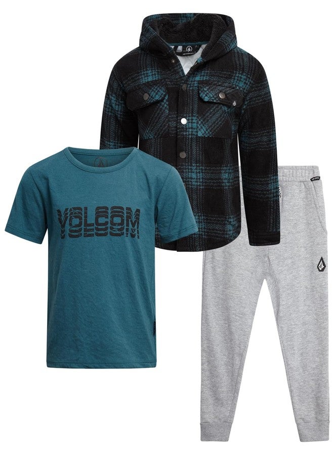 Volcom Baby Boys Pants Set - 3 Piece Sherpa Lined Soft Fleece Shacket Short Sleeve Graphic Tee & French Terry Jogger Pants, Size 7, Caspian Sea - Image 1