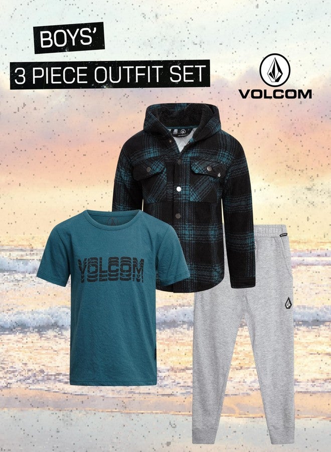 Volcom Baby Boys Pants Set - 3 Piece Sherpa Lined Soft Fleece Shacket Short Sleeve Graphic Tee & French Terry Jogger Pants, Size 7, Caspian Sea - Image 2