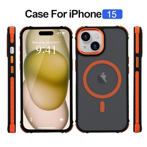 LLZ.COQUE Magnetic for iPhone 15 Case, Compatible with Magsafe, Bumper Military-Grade Protective Cover, Slim Shockproof Anti-Scratch Translucent Matte Men Women Phone Case for iPhone 15 6.1", Orange - Image 2