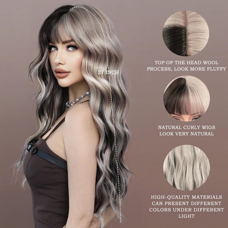 7JHH WIGS Long Wavy Silver Grey Black Highlight Wig 27in Natural Heat Resistant Fiber Synthetic Curly Light Grey Black Ombre Wigs with Bangs for Women Girls Daily Party Chrismas Travel Used - Image 2