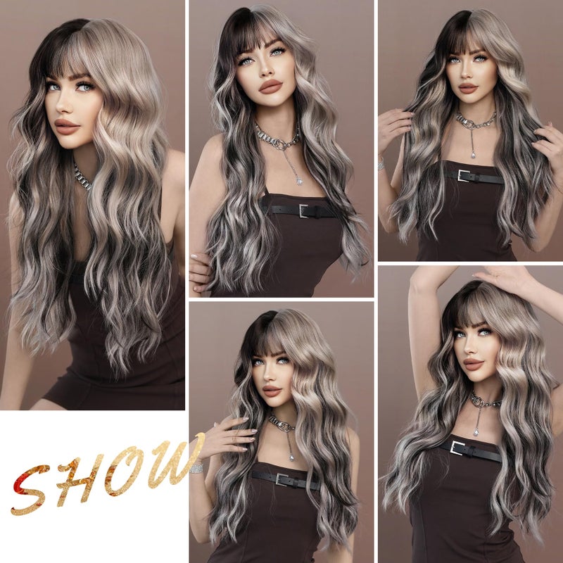 7JHH WIGS Long Wavy Silver Grey Black Highlight Wig 27in Natural Heat Resistant Fiber Synthetic Curly Light Grey Black Ombre Wigs with Bangs for Women Girls Daily Party Chrismas Travel Used - Image 5