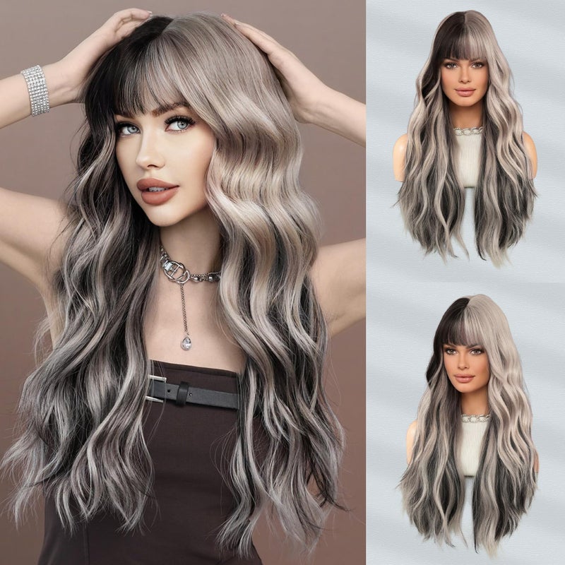 7JHH WIGS Long Wavy Silver Grey Black Highlight Wig 27in Natural Heat Resistant Fiber Synthetic Curly Light Grey Black Ombre Wigs with Bangs for Women Girls Daily Party Chrismas Travel Used - Image 1