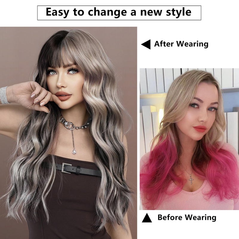 7JHH WIGS Long Wavy Silver Grey Black Highlight Wig 27in Natural Heat Resistant Fiber Synthetic Curly Light Grey Black Ombre Wigs with Bangs for Women Girls Daily Party Chrismas Travel Used - Image 3