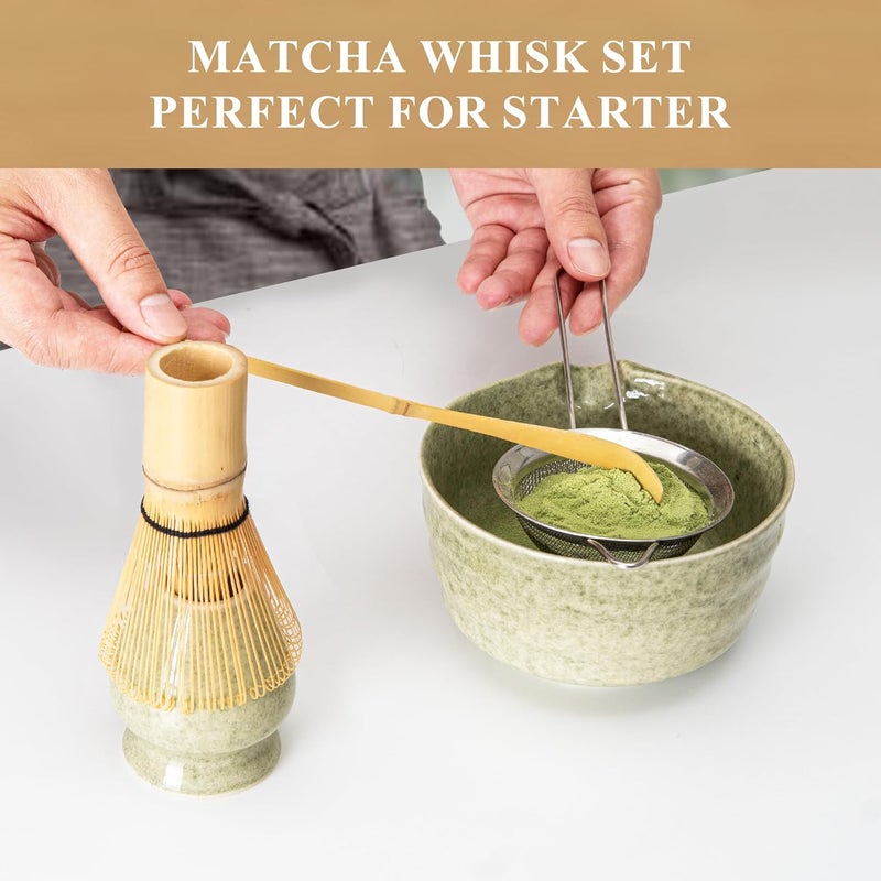YIBO Matcha Whisk Set, Matcha Making Kit Whisk (Chasen Holder), Ceramic Whisk Holder (Mottled Green), Bamboo Scoop, Powder Starter Sifter, Spoon Japanese Tea Tools For Ceremony Gift - Image 3