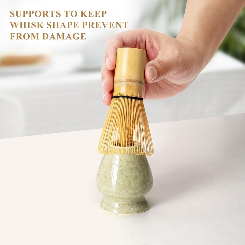 YIBO Matcha Whisk Set, Matcha Making Kit Whisk (Chasen Holder), Ceramic Whisk Holder (Mottled Green), Bamboo Scoop, Powder Starter Sifter, Spoon Japanese Tea Tools For Ceremony Gift - Image 5