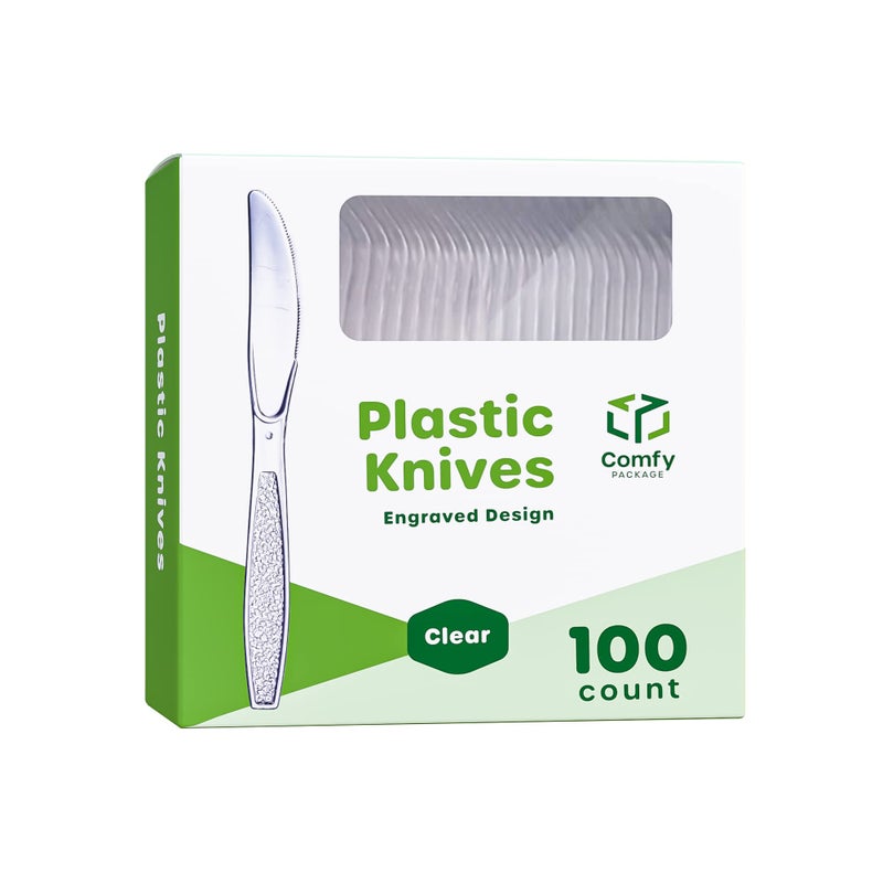 Comfy Package [100 Pack] Heavyweight Disposable Clear Plastic Knives - Engraved Design - Image 1