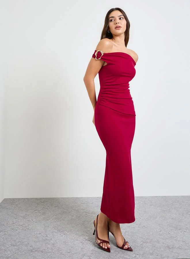 تايك تو Burgundy Off Shoulder Maxi Dress with Buckle Detail