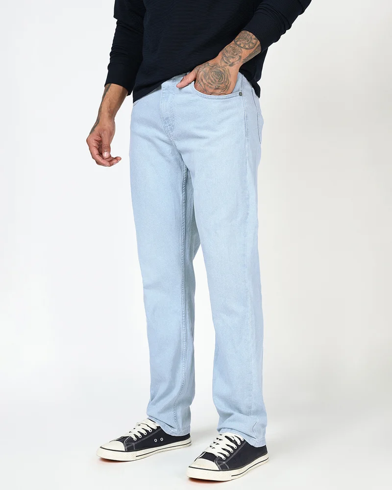 bewakoof Men's Light Blue Slim Straight Fit Stretchable Mid-Rise Jeans