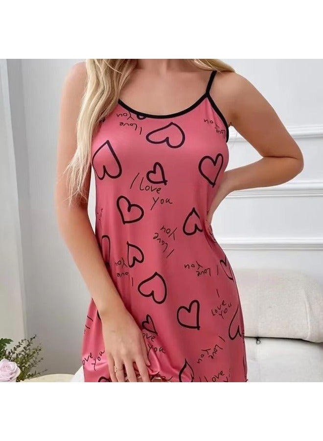 European And American Summer Thin Home Wear Camisole Short Dress Heart Cartoon Cute Print Pajamas