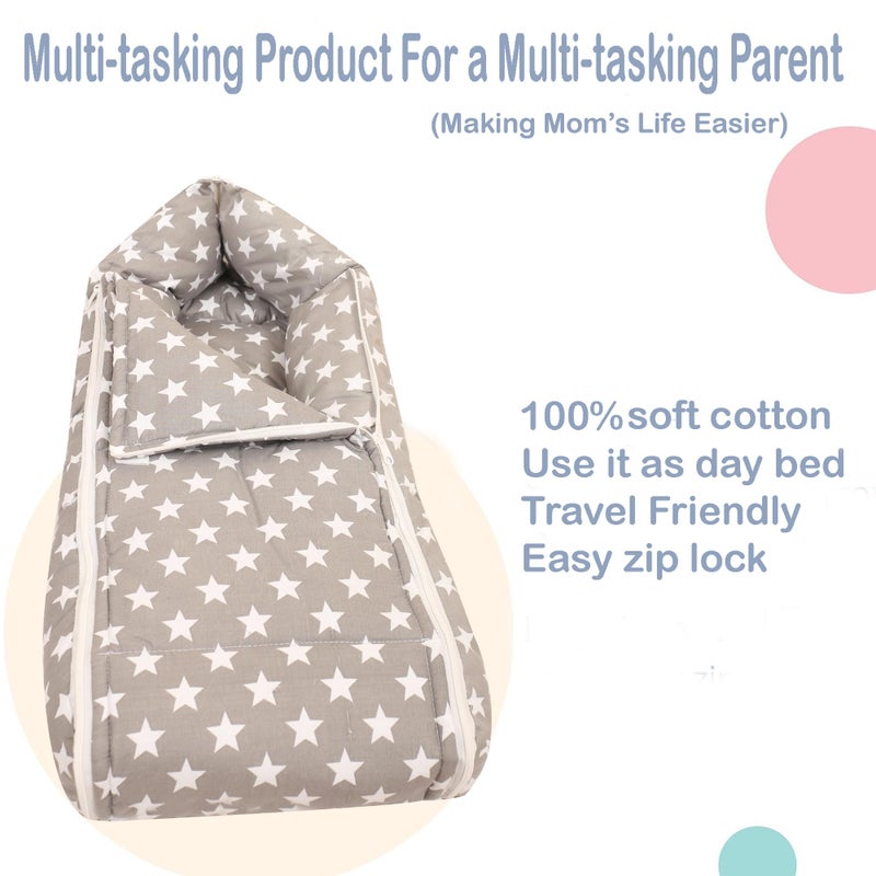 Nonibud Baby Cotton Sleeping Bed Cum Carrying Nest Bag with Storage Bag # Large Size 77 Cms X 40 Cms # 0-9 Months- SkyBlue Star Print (Grey Star) - Image 3